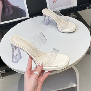 粗跟方头透明水晶跟凉拖鞋 法式 新款 网红性感高跟一字拖女2026夏季