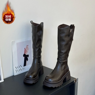 小个子增高6cm不过膝长靴女2025冬季 加绒长筒靴厚底显脚小骑士靴