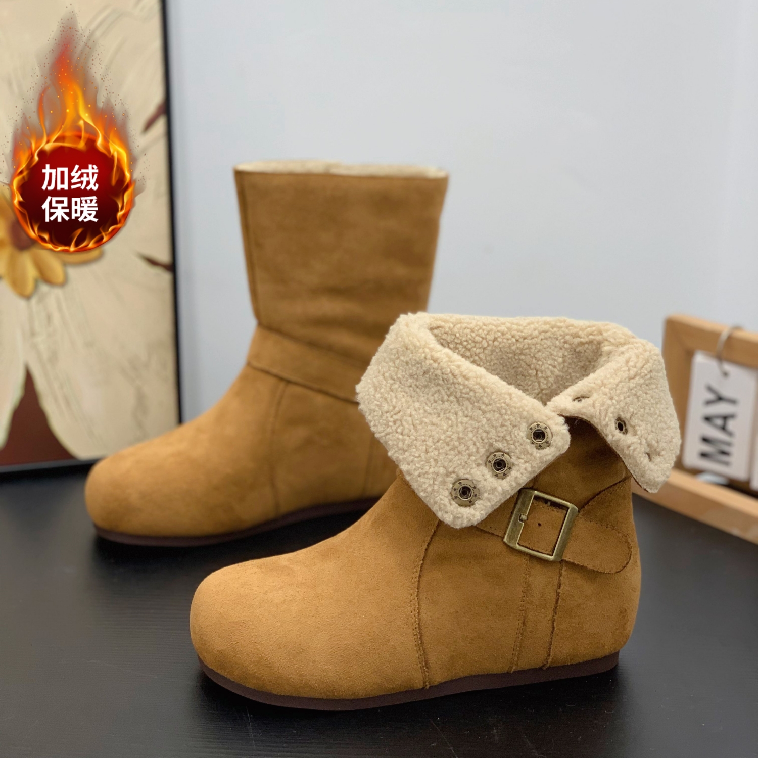 复古绒面时尚百搭小众潮流毛毛靴