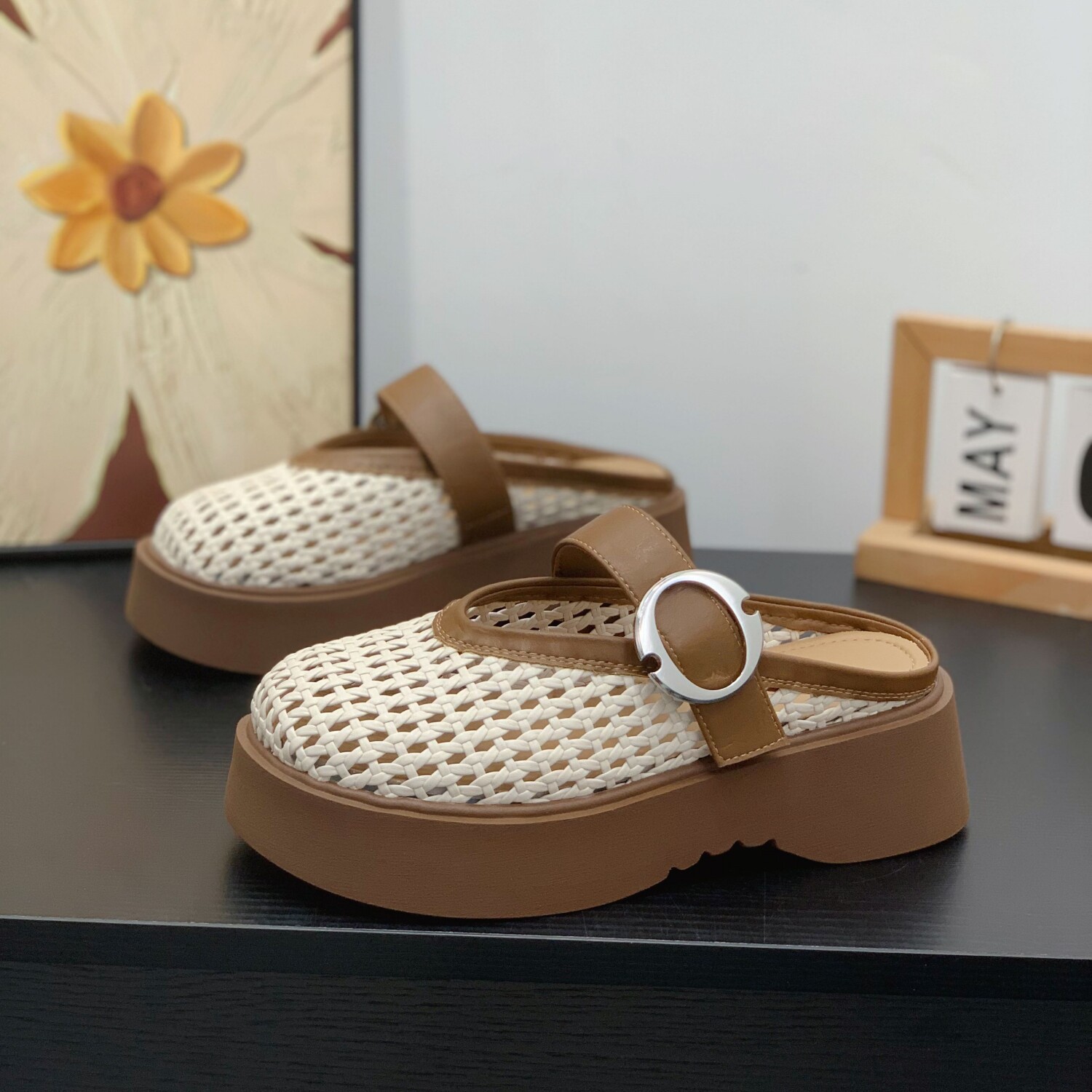 法式编织镂空网面夏季新款包头拖女2026超火松糕厚底魔术贴半拖鞋