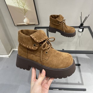 复古两穿翻盖磨砂绒面马丁靴女2025秋冬新款 粗跟厚底英伦风短靴子