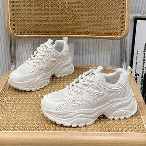 网面透气真皮老爹鞋女2025新款春秋厚底增高轻便显脚小运动休闲鞋
