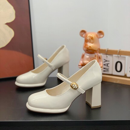 粗跟7CM高跟玛丽珍女鞋2026春新款法式复古时尚漆皮一字浅口单鞋
