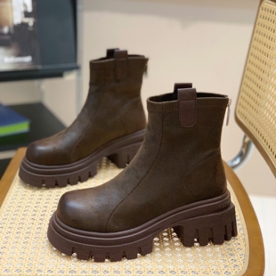 松糕厚底6CM复古做旧短靴女2025冬季 超火百搭小个子显腿长马丁靴