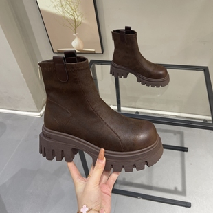 松糕厚底马丁靴女2025新款小个子秋冬瘦瘦靴复古做旧切尔西短靴子