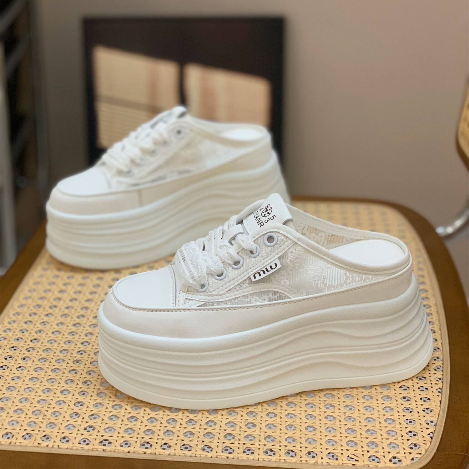 小个子8cm内增高包头半拖鞋女2026夏季新款网面透气百搭休闲女鞋