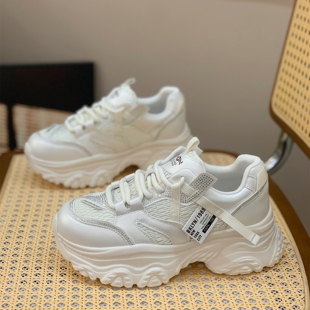 厚底增高炸街运动休闲鞋 新款 女2025秋季 复古银色显脚小真皮老爹鞋