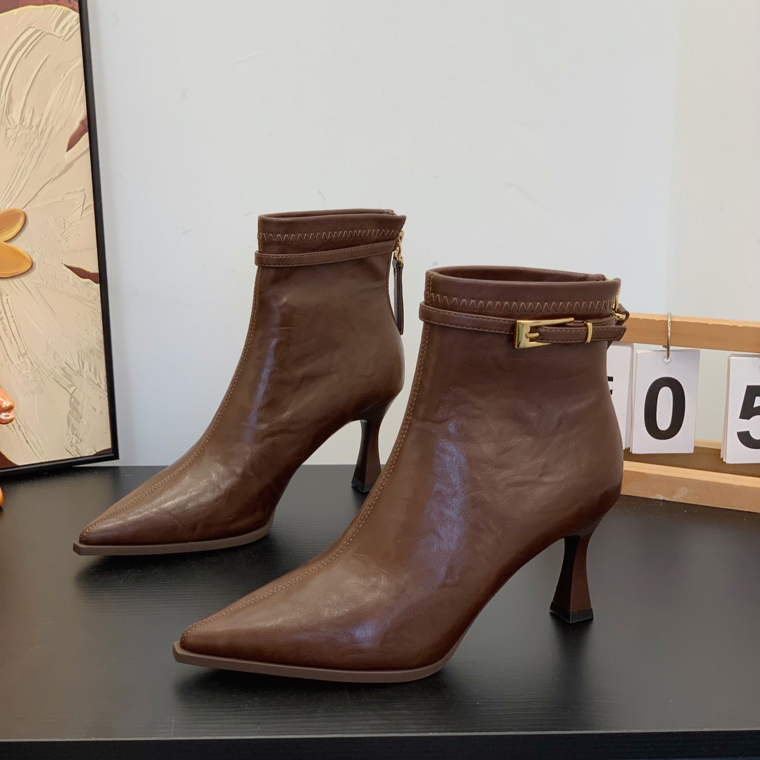 细跟7CM加绒尖头短靴女2025冬季爆款小个子高跟鞋法式复古瘦瘦靴