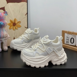 潮流贴钻高级感真皮老爹鞋 新款 小个子内增高8CM运动鞋 女2026春季