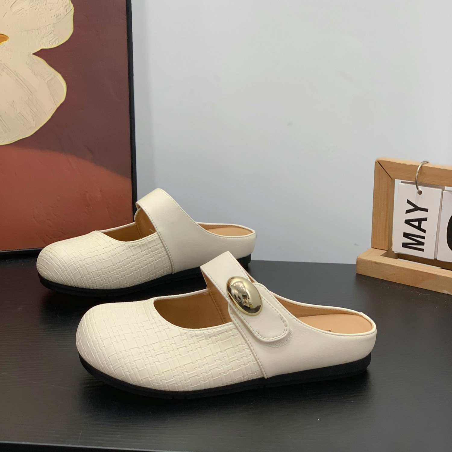 魔术贴圆头浅口半拖鞋女2026年春夏新款法式复古平底玛丽珍包头拖,女鞋,包头拖,淘宝优惠券,粉丝福利购,淘宝优惠卷