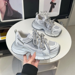 小个子厚底增高网面透气休闲运动鞋 新款 女2026春季 复古真皮老爹鞋