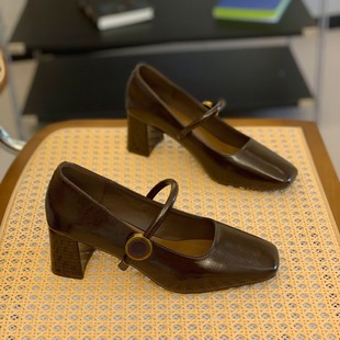 法式方头粗跟厚底6CM浅口玛丽珍鞋女2025秋新款配裙子显瘦高跟鞋