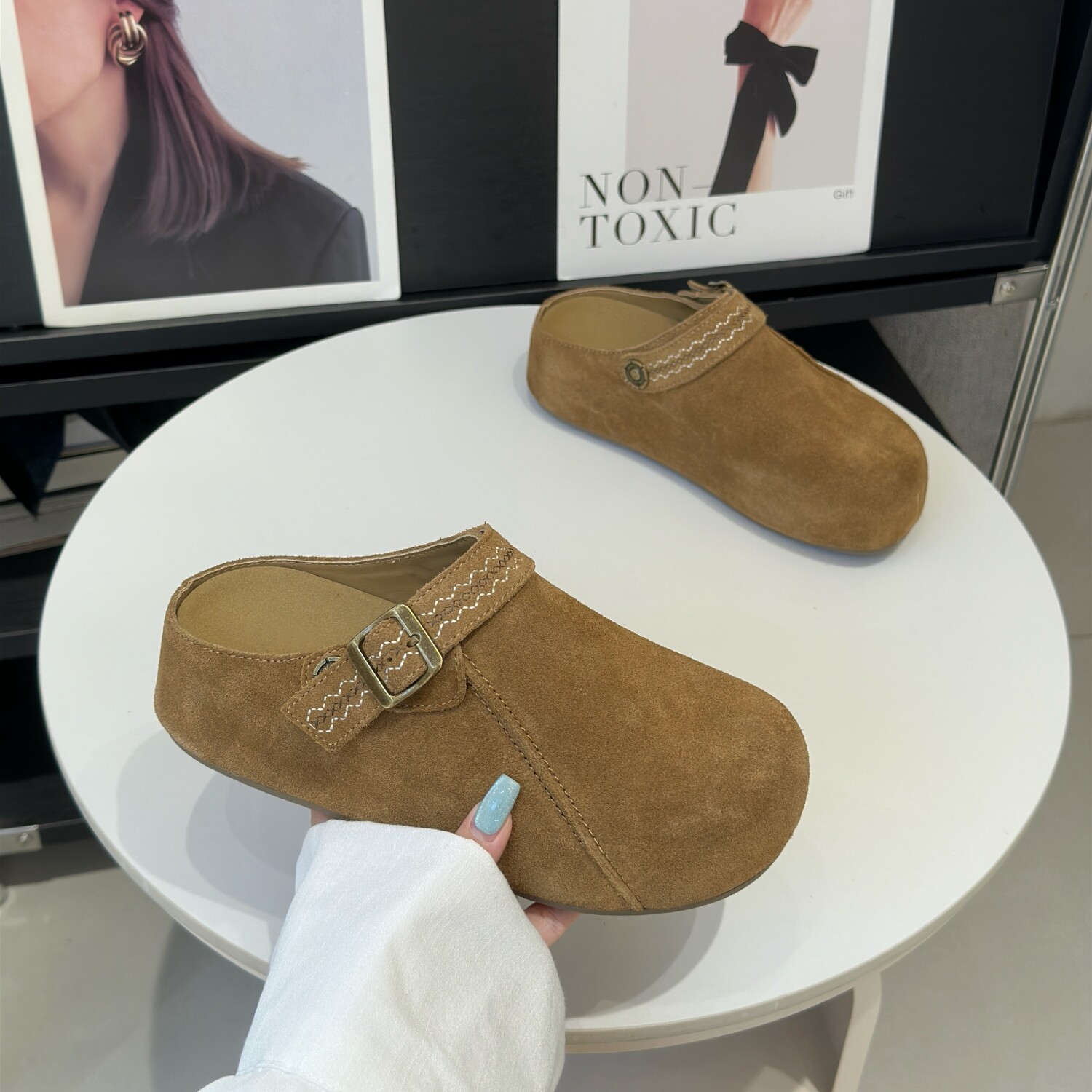 勃肯包头拖小个子内增高复古磨砂绒面圆头休闲半拖鞋2026春夏新款