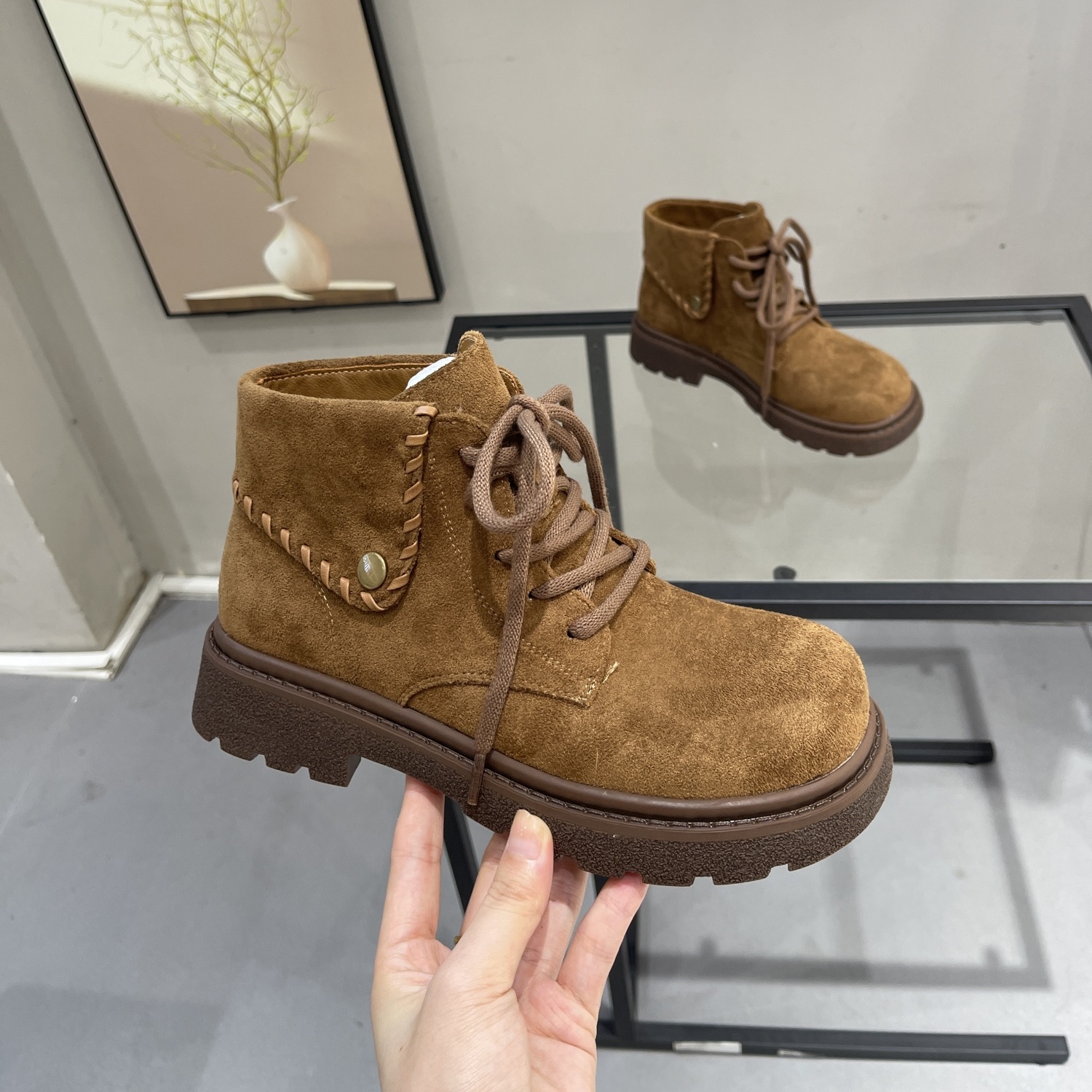 小众复古英伦风系带厚底工装短靴