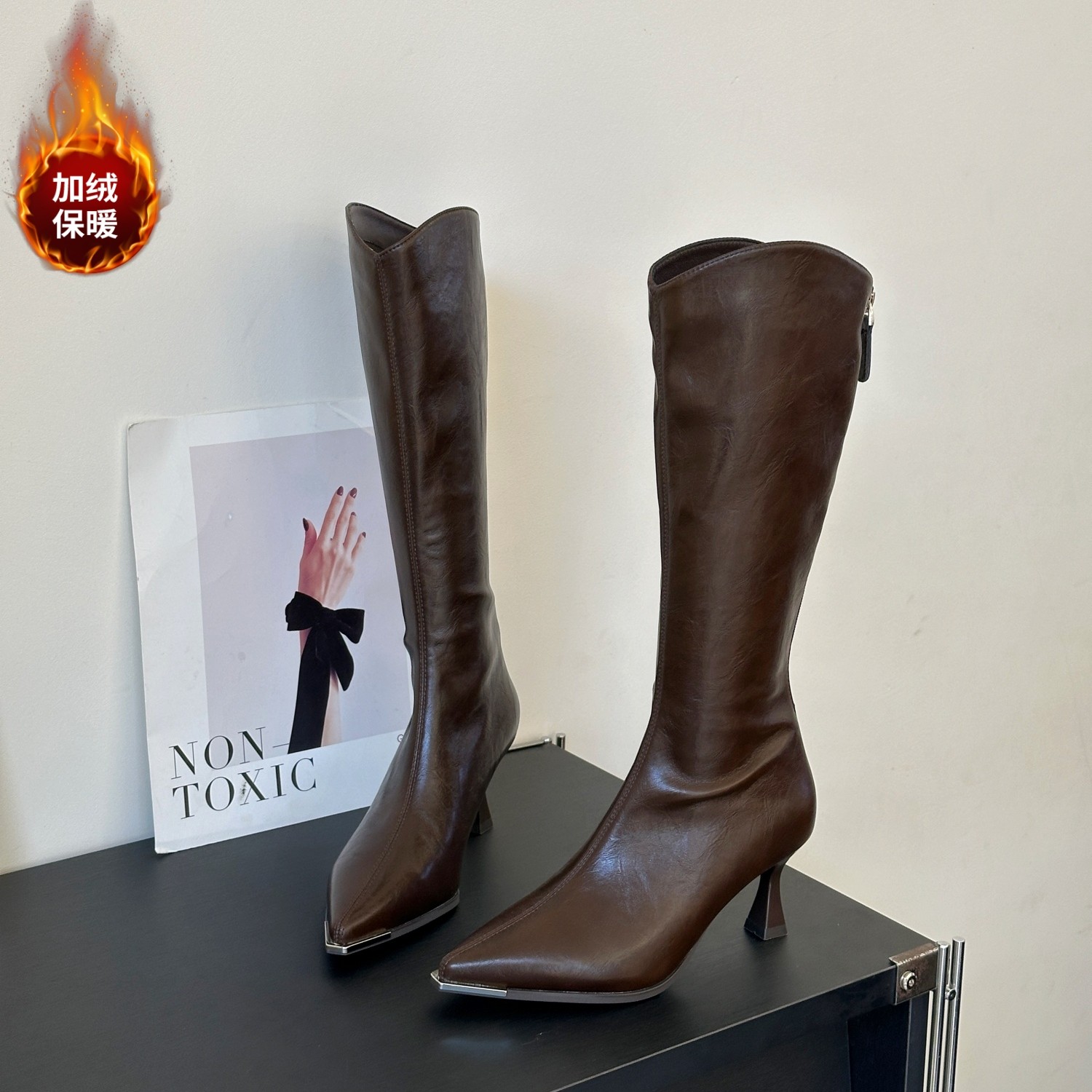 尖头细跟高跟不过膝长靴女2025冬季新款仙女风加绒复古气质瘦瘦靴