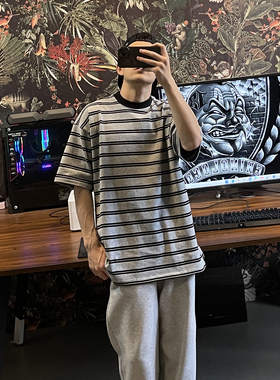 bboy 320克 重磅嘻哈hiphop复古条纹t恤 西海岸小领口纯色短袖