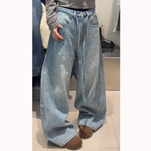 超软单裤 哈比诺女童2025冬季 牛仔裤 老爹裤 加绒加厚烫钻宽松弯刀裤