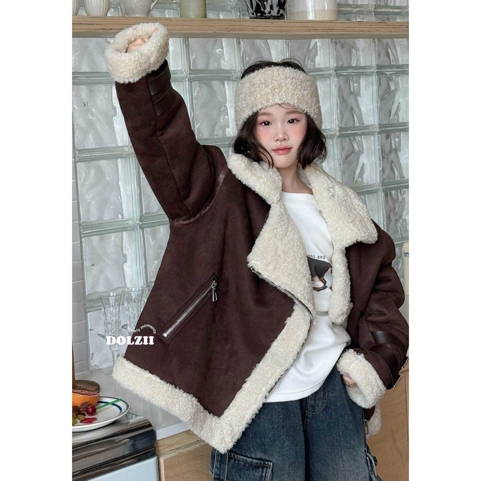 韩国童装女童秋冬季加厚毛毛衣外套紫色可爱圆领皮草外套时髦潮