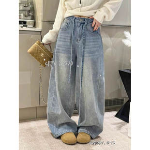 年款女童浅色烫钻裤宽松直筒裤弯刀裤加绒牛仔裤拖地裤春款潮超软