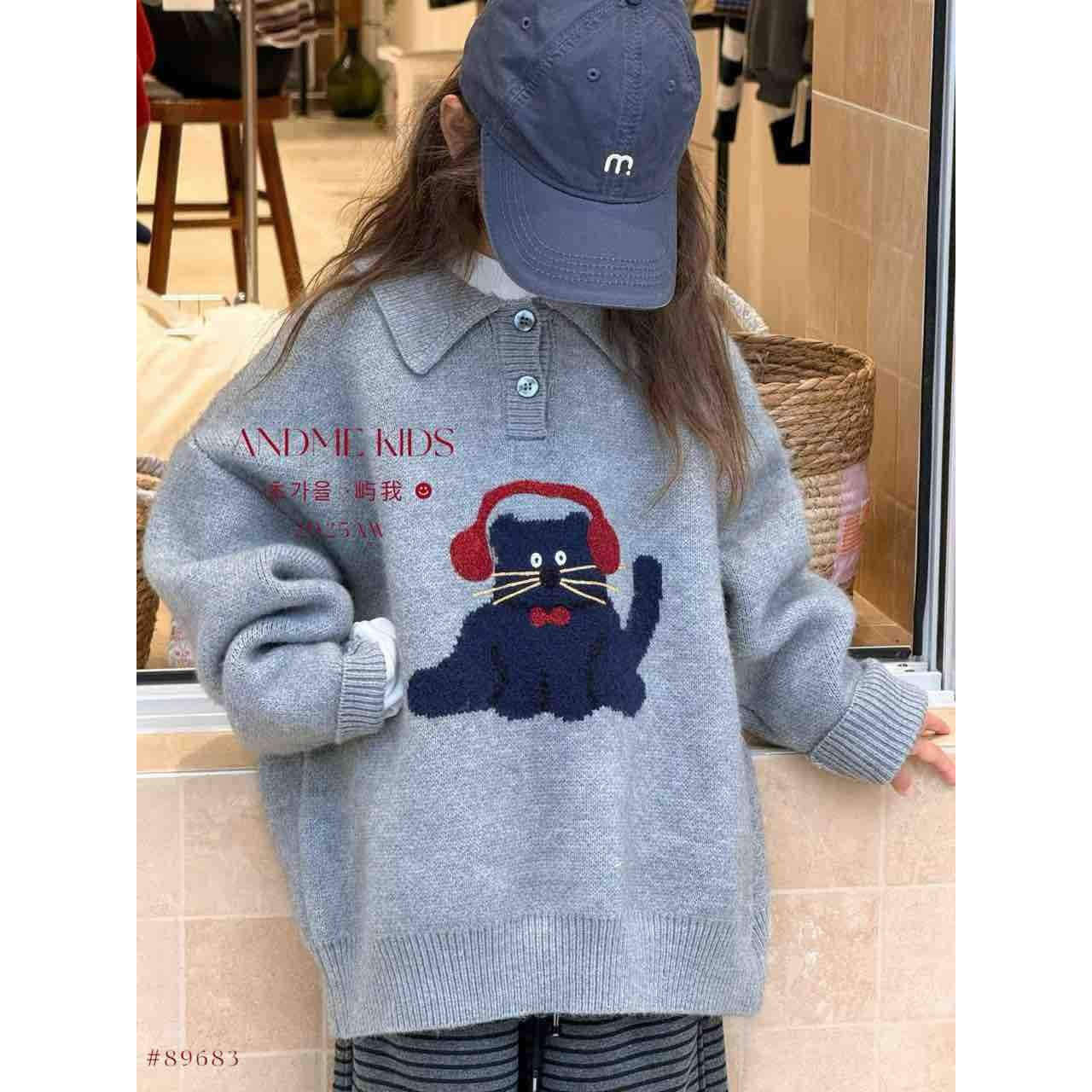 屿我童装女童2025冬季加厚翻领卡通毛衣针织衫羊毛衫打底衫亲子装