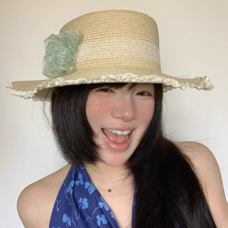 日系甜美山茶花蕾丝蝴蝶结草帽子女夏季田园风小清新草编遮阳帽女