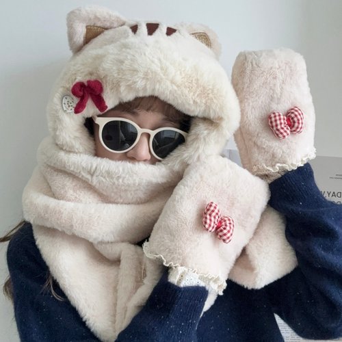 原创设计猫咪蝴蝶结帽三件套