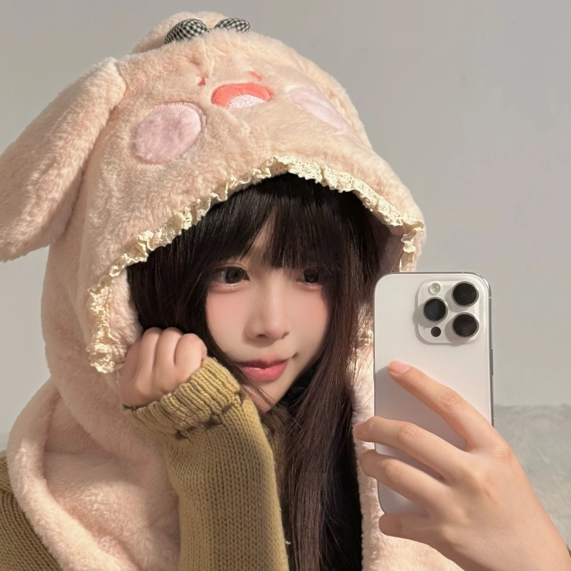 耳朵会动小狗毛绒帽子围巾手套一体女冬季可爱加厚保暖护耳三件套