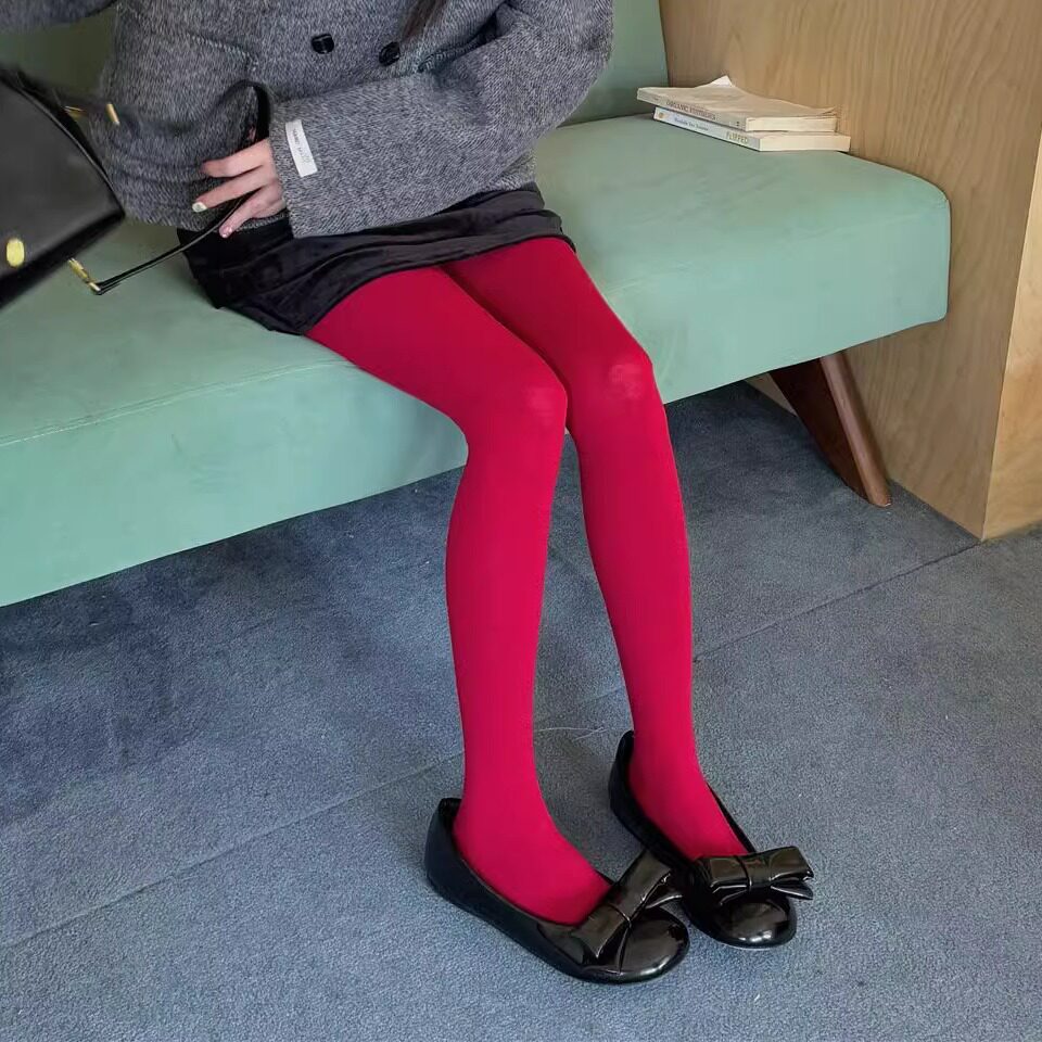 秋冬穿的连裤袜~安可拉红色纯棉秋冬打底袜保暖显瘦弹力平板长袜