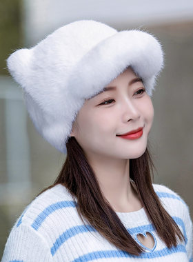 秋冬保暖兔毛猫耳小熊鸭舌帽女
