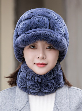 獭兔毛帽子女秋冬季保暖百搭皮草鸭舌帽时尚洋气中老年妈妈护耳帽