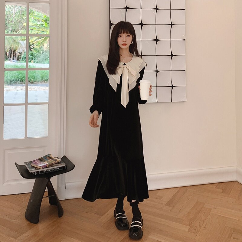 黑色复古丝绒连衣裙女2024秋季新款设计感小众赫本风长袖鱼尾长裙,女装连衣裙,浙宝088