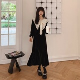 黑色复古丝绒连衣裙女2024秋季新款设计感小众赫本风长袖鱼尾长裙，女装连衣裙，浙宝088