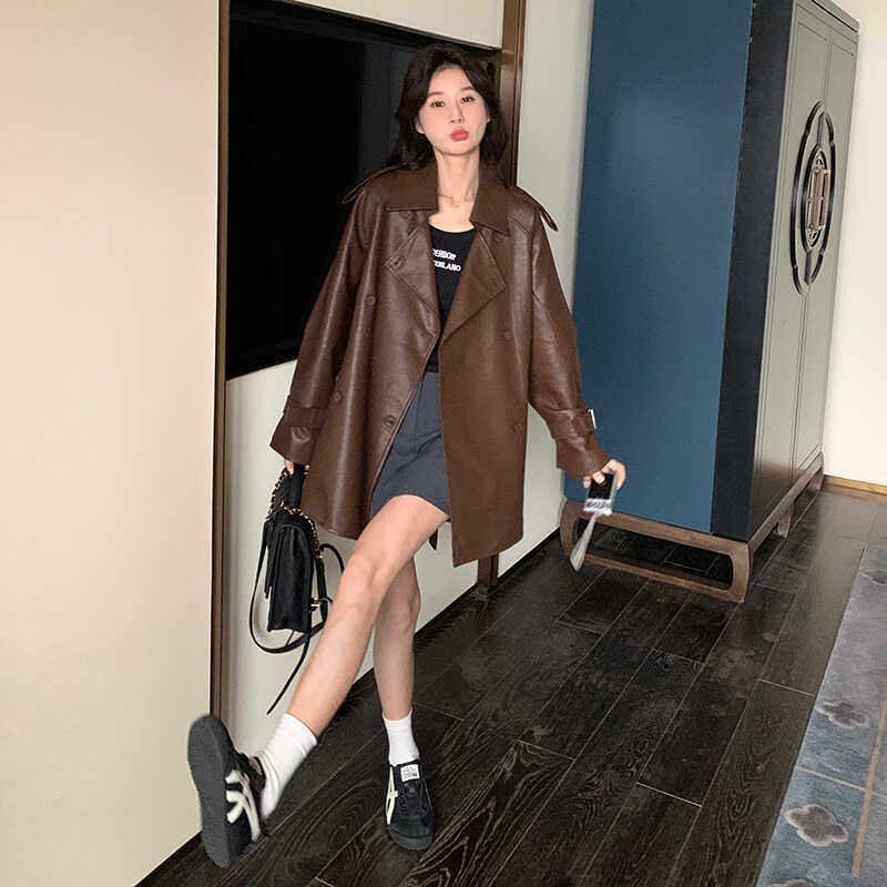 美拉德咖色皮衣风衣外套女2024秋季新款又a又飒复古宽松时尚大衣,女装皮衣,浙宝088