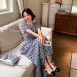 高级感灰色波点连衣裙女2025新款夏日绝美漂亮气质赫本风露腰长裙，女装套装/套裙，浙宝088