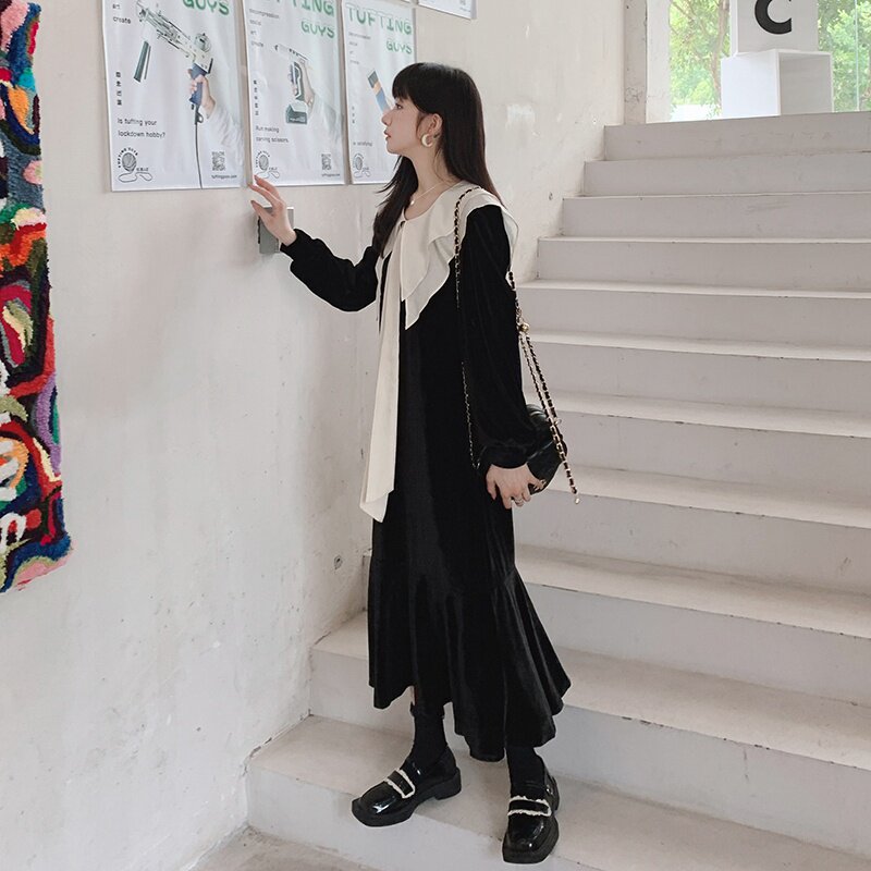 黑色复古丝绒连衣裙女2024秋季新款设计感小众赫本风长袖鱼尾长裙,女装连衣裙,浙宝088