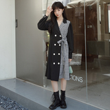 法式高级感拼接黑色西装连衣裙女春秋2025新款收腰显瘦长款a字裙，女装连衣裙，浙宝088