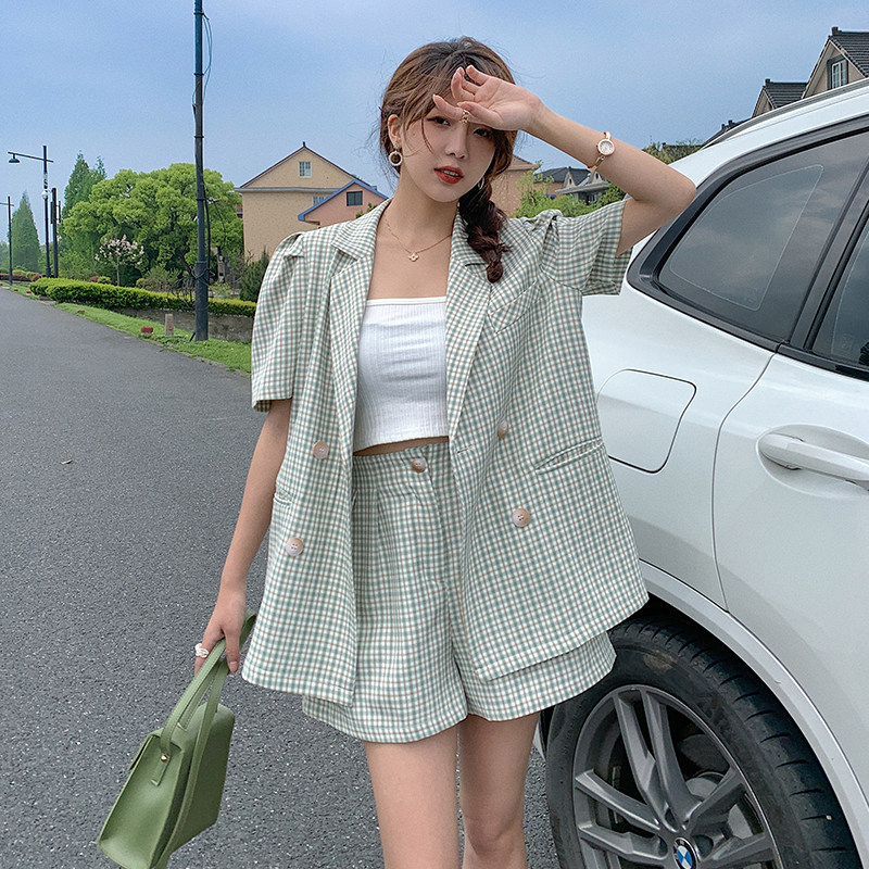 现货X1020P110K1682021夏装新款格子小西装短袖套装，女装套装/套裙，浙宝088