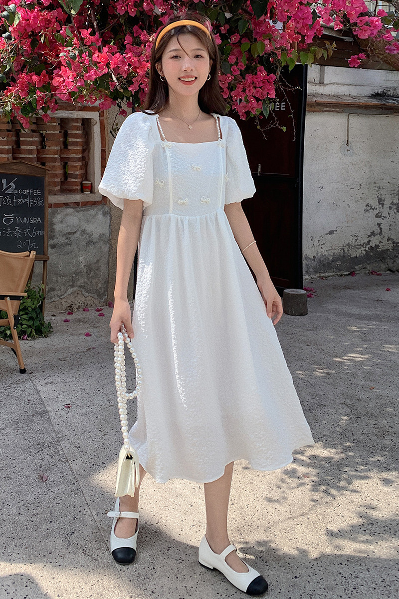 现货X1030P85K1582022夏装新款珍珠泡泡袖中长款连衣裙无差价,女装连衣裙,浙宝088
