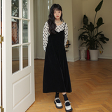 今年流行拼接假两件波点连衣裙女春秋长袖2025新款女装黑色长裙冬，女装连衣裙，浙宝088
