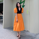 法式橙色泡泡袖拼接连衣裙女夏季2025新款小众设计轻熟优雅裙子，女装连衣裙，浙宝088