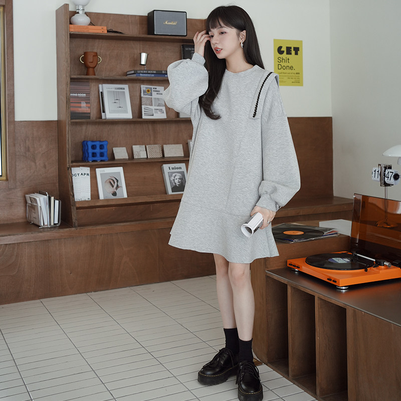 灰色高级感休闲卫衣裙女秋季2025新款小个子时尚chic港风连衣裙厚,女装连衣裙,浙宝088