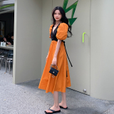 法式橙色泡泡袖拼接连衣裙女夏季2025新款小众设计轻熟优雅裙子，女装连衣裙，浙宝088