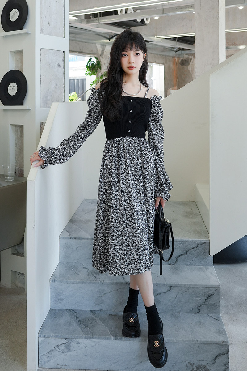 温柔风黑色长袖碎花连衣裙女春秋2025新款女装气质收腰别致长裙冬,女装连衣裙,浙宝088