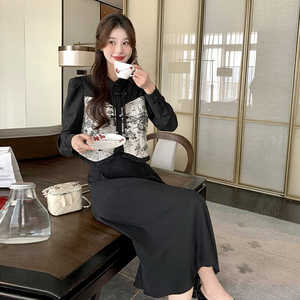 新中式春秋穿搭女2025新款中国风水墨上衣显瘦裙子黑色图片