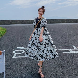 现货 X998P95K148  2021夏装新款水墨印花泡泡袖连衣裙宫廷风图片