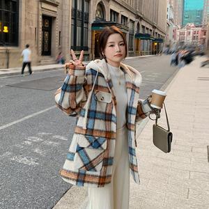 超好看复古时髦格子连帽斗篷毛呢厚外套女冬2024新款宽松呢子大衣图片