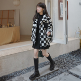 出货中M182P175K268冬装新款撞色pu拼接棋盘格羊羔毛短外套，女装棉衣/棉服，浙宝088