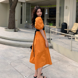 法式橙色泡泡袖拼接连衣裙女夏季2025新款小众设计轻熟优雅裙子，女装连衣裙，浙宝088