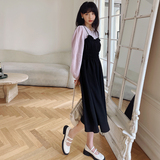 黑色拼接长袖连衣裙春秋女装2025新款春装法式气质假两件小黑裙冬，女装连衣裙，浙宝088