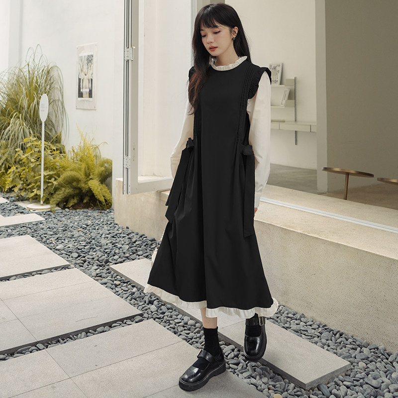 美拉德棕色连衣裙女春秋2025新款超火好看高级小众长裙假两件套装，女装连衣裙，浙宝088